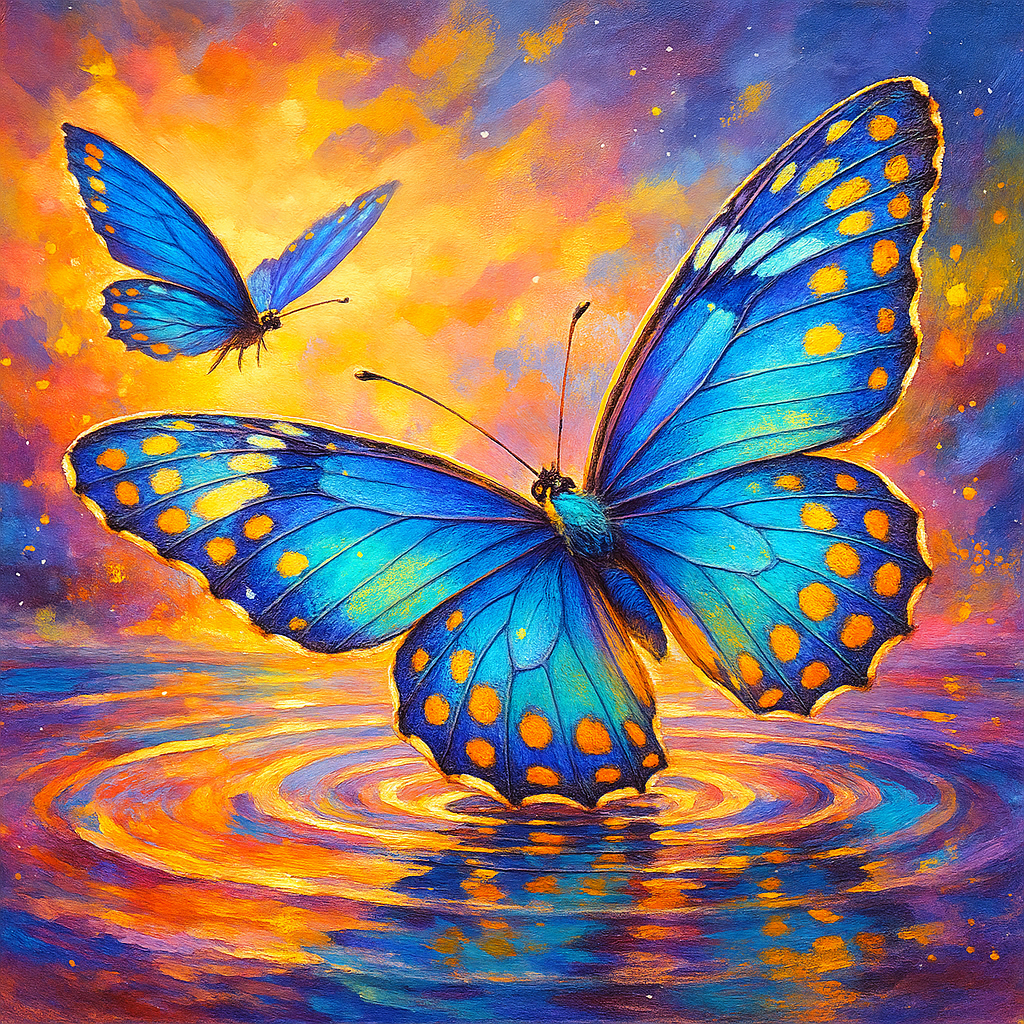 Blue Butterflies On Water