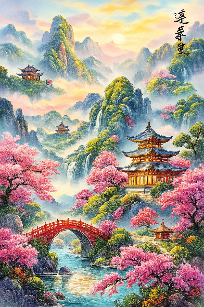 Sakura Temple Valley - Full Canvas 5D Diamond Painting Kit