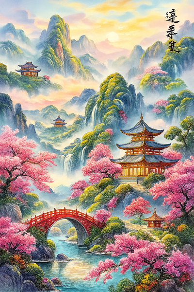 Sakura Temple Valley - Full Canvas 5D Diamond Painting Kit