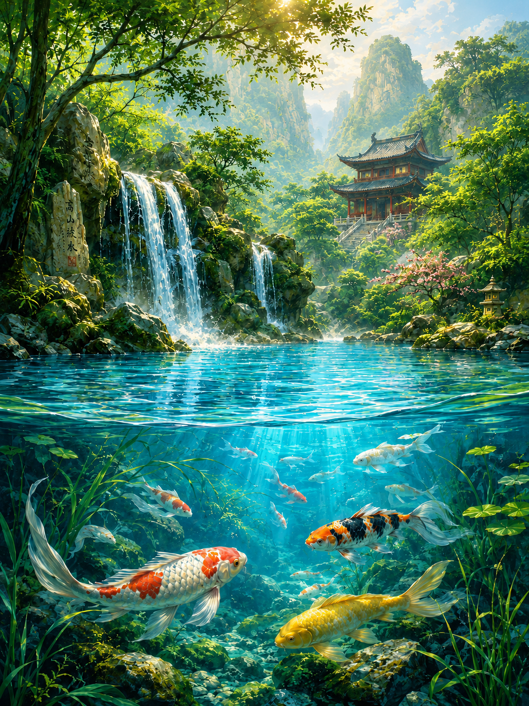 Serene Koi Fish Waterfall