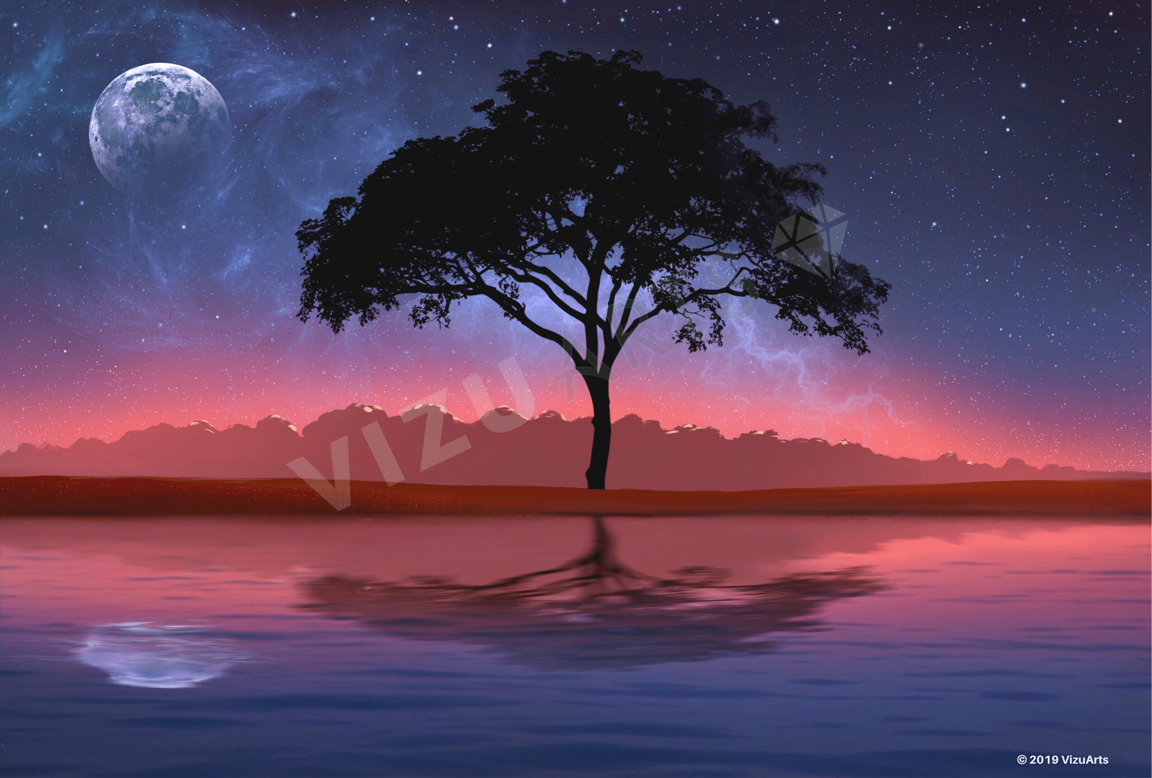 Moonlit Tree Reflection